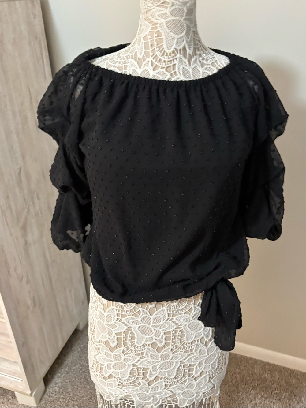 CeCe Black Swiss Dot Side-Tie Blouse